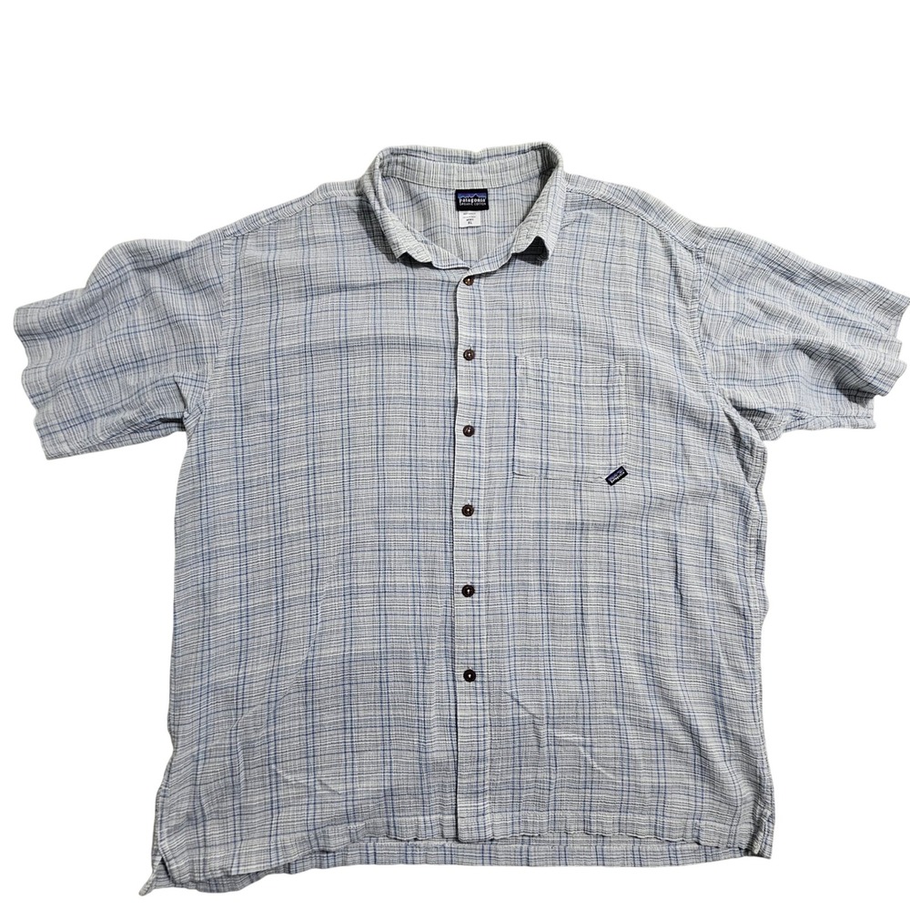 Patagonia Shirt Mens XL Blue Plaid Organic Cotton Short Sleeve Button Down